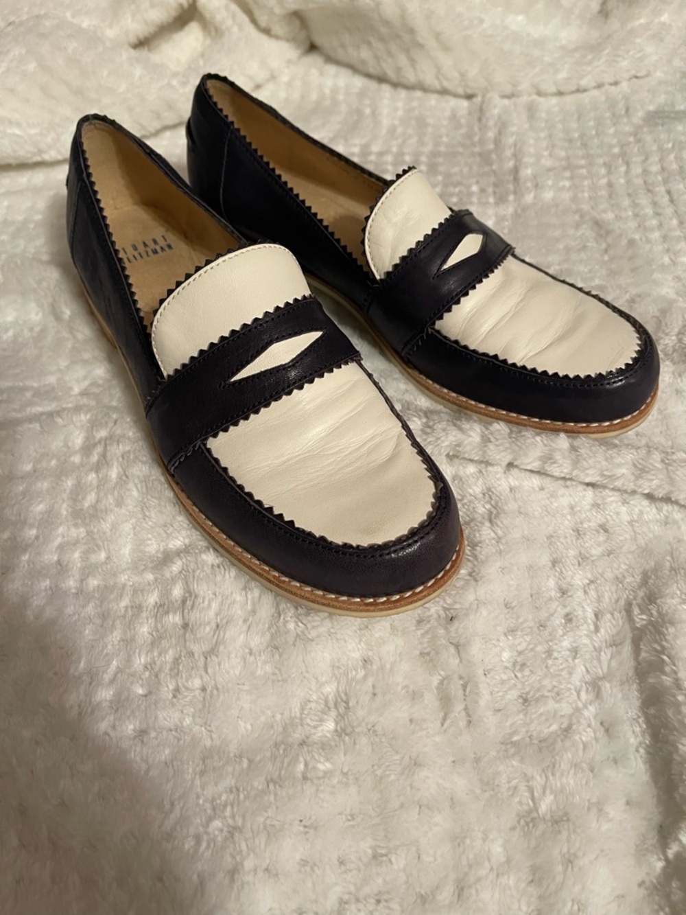 Stuart Weitzman Leather Two-Tone Black and Cream Leather Penny Loafers